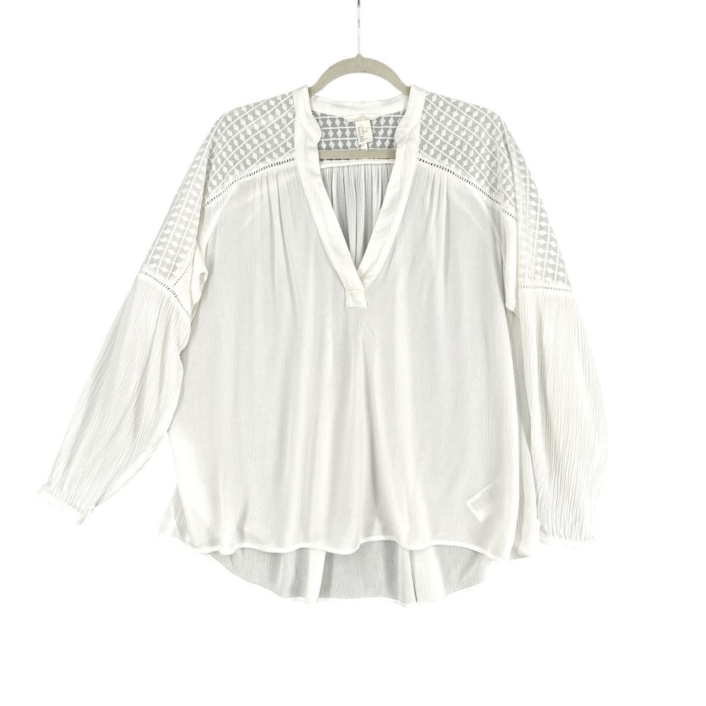 H&M Boho Lace Yoke Peasant Blouse Womens 12 Viscose White